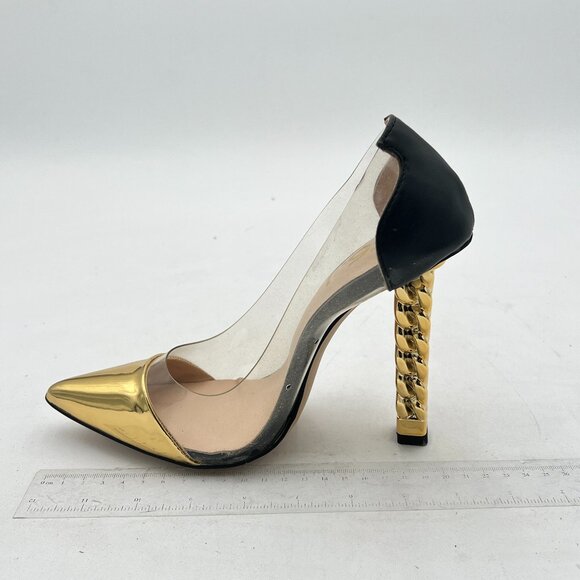 FSJ Gold Clear Gold Metal Chain Chunky High Heel Pointed Toe Slip On Pumps - Picture 2 of 8
